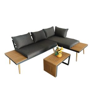 Modern 4-Person L-Shaped Outdoor Sectional Sofa Set – Convertible Aluminum Patio Furniture with Wicker Side Table & All-Weather Cushions (Black)