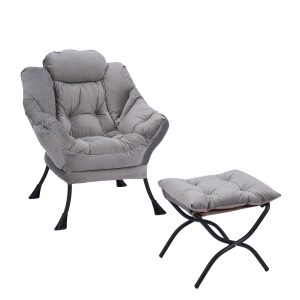 Modern Lazy Chair Set with Ottoman – Velvet Lounge Armchair & Footstool, Heavy-Duty Steel Frame, Dutch Velvet Fabric (PP Cotton Filled)