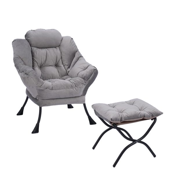 Modern Lazy Chair Set with Ottoman – Velvet Lounge Armchair & Footstool, Heavy-Duty Steel Frame, Dutch Velvet Fabric (PP Cotton Filled)