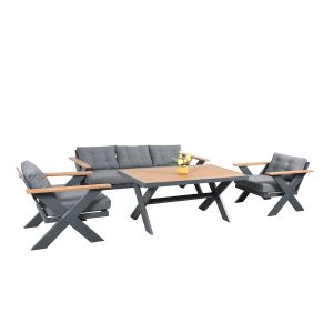 4-Piece Modular Aluminum KD Sofa Set – Modern Outdoor Sectional with 3-Seater, 2 Armchairs & WPC Coffee Table
