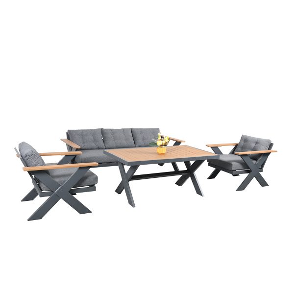 4-Piece Modular Aluminum KD Sofa Set – Modern Outdoor Sectional with 3-Seater, 2 Armchairs & WPC Coffee Table