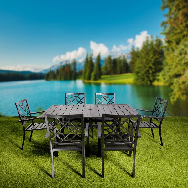 7-Piece Outdoor Dining Set – 62"x38" Rectangle Table with 6 Stackable Patio Chairs, All-Weather Black Metal Furniture for Garden/Patio