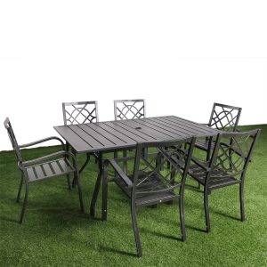 7-Piece Outdoor Dining Set – 62"x38" Rectangle Table with 6 Stackable Patio Chairs, All-Weather Black Metal Furniture for Garden/Patio