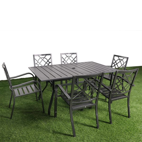 7-Piece Outdoor Dining Set – 62"x38" Rectangle Table with 6 Stackable Patio Chairs, All-Weather Black Metal Furniture for Garden/Patio