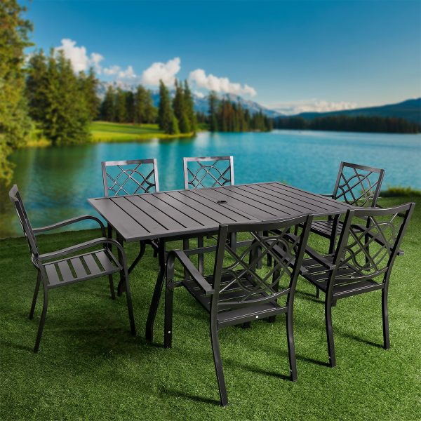 7-Piece Outdoor Dining Set – 62"x38" Rectangle Table with 6 Stackable Patio Chairs, All-Weather Black Metal Furniture for Garden/Patio