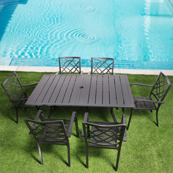 7-Piece Outdoor Dining Set – 62"x38" Rectangle Table with 6 Stackable Patio Chairs, All-Weather Black Metal Furniture for Garden/Patio