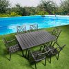 7-Piece Outdoor Dining Set – 62"x38" Rectangle Table with 6 Stackable Patio Chairs, All-Weather Black Metal Furniture for Garden/Patio