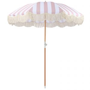Beach Parasol Umbrella 1.8m/5.9ft, Pink And White Striped Table Umbrella, Outdoor Tassel Center Column Parasol, Tilt, 180g Polyester Umbrella Fabric, Sun Protection/shade
