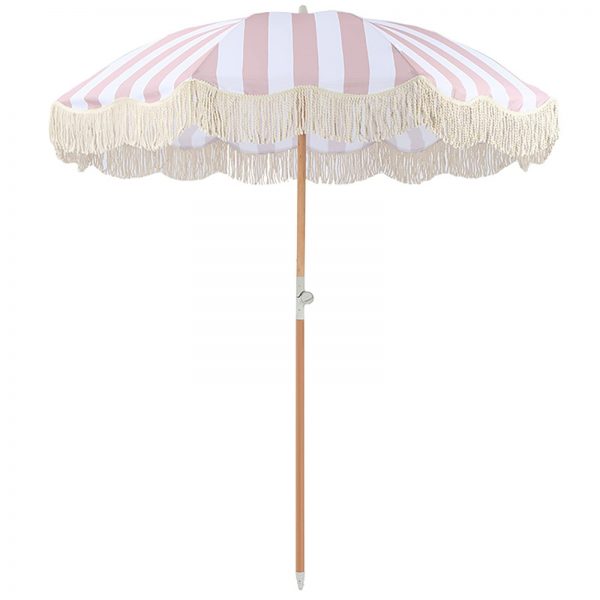 Beach Parasol Umbrella 1.8m/5.9ft, Pink And White Striped Table Umbrella, Outdoor Tassel Center Column Parasol, Tilt, 180g Polyester Umbrella Fabric, Sun Protection/shade