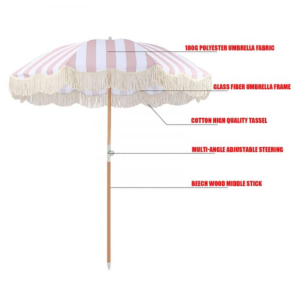 Beach Parasol Umbrella 1.8m/5.9ft, Pink And White Striped Table Umbrella, Outdoor Tassel Center Column Parasol, Tilt, 180g Polyester Umbrella Fabric, Sun Protection/shade