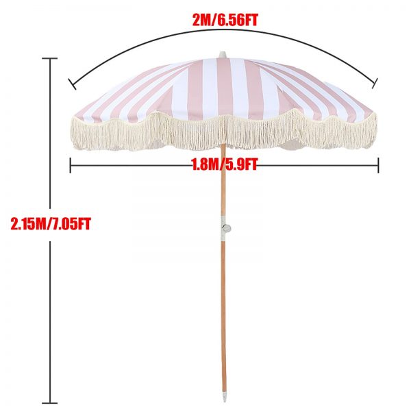Beach Parasol Umbrella 1.8m/5.9ft, Pink And White Striped Table Umbrella, Outdoor Tassel Center Column Parasol, Tilt, 180g Polyester Umbrella Fabric, Sun Protection/shade