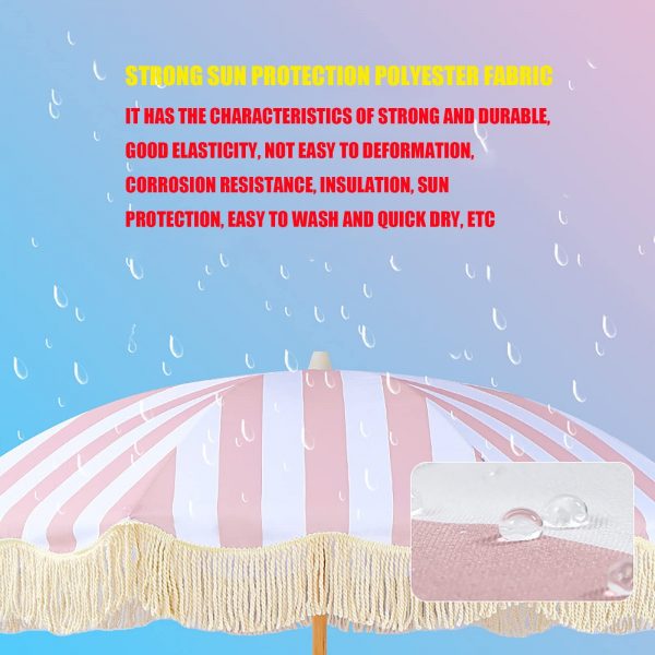Beach Parasol Umbrella 1.8m/5.9ft, Pink And White Striped Table Umbrella, Outdoor Tassel Center Column Parasol, Tilt, 180g Polyester Umbrella Fabric, Sun Protection/shade