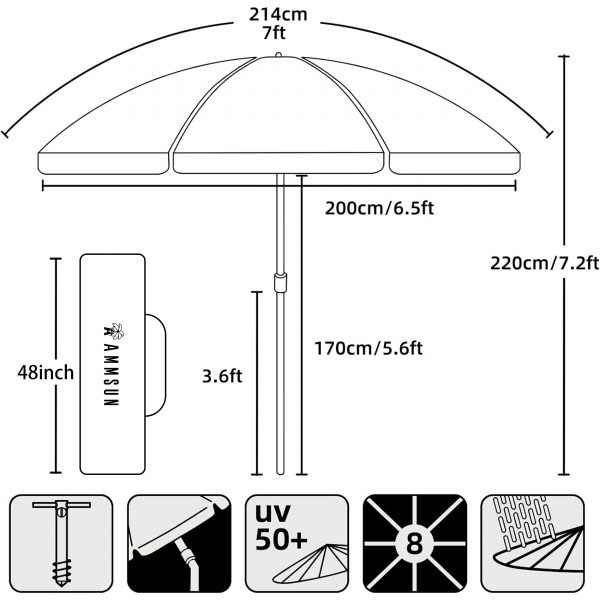 Sunnyparasol 7ft Heavy Duty High Wind Beach Umbrella Parasols with sand anchor & Tilt Sun Shelter, UV 50+ Protection Outdoor Sunshade Umbrellas Carry Bag for Patio Garden Pool Backyard