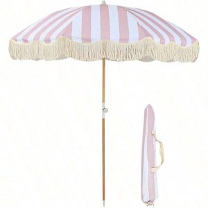6.5ft Bohemian Beach Umbrella with Tassel Outdoor Patio Umbrella 50 UV Protection Large Pool Umbrella with Tilt Function Patio Table Umbrella 1.26 Inch Wooden Pole Portable Market Umbrella