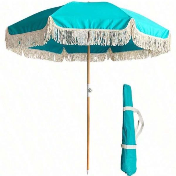Bohemian Beach Umbrella (2) 6.5ft Bohemian Beach Umbrella with Tassel Outdoor Patio Umbrella 50 UV Protection Large Pool Umbrella with Tilt Function Patio Table Umbrella 1.26 Inch Wooden Pole Portable Market Umbrella