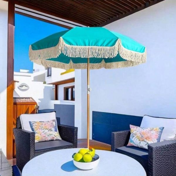 Bohemian Beach Umbrella (3) 6.5ft Bohemian Beach Umbrella with Tassel Outdoor Patio Umbrella 50 UV Protection Large Pool Umbrella with Tilt Function Patio Table Umbrella 1.26 Inch Wooden Pole Portable Market Umbrella