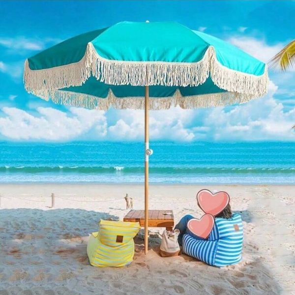 Bohemian Beach Umbrella (4) 6.5ft Bohemian Beach Umbrella with Tassel Outdoor Patio Umbrella 50 UV Protection Large Pool Umbrella with Tilt Function Patio Table Umbrella 1.26 Inch Wooden Pole Portable Market Umbrella