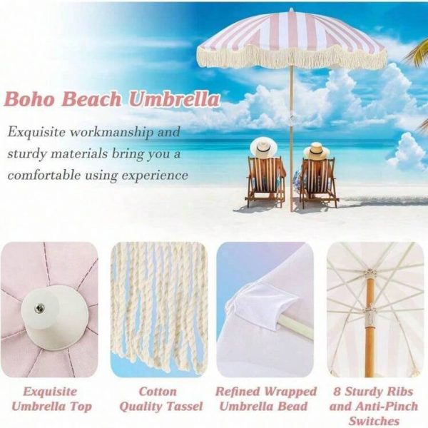 Bohemian Beach Umbrella (6) 6.5ft Bohemian Beach Umbrella with Tassel Outdoor Patio Umbrella 50 UV Protection Large Pool Umbrella with Tilt Function Patio Table Umbrella 1.26 Inch Wooden Pole Portable Market Umbrella