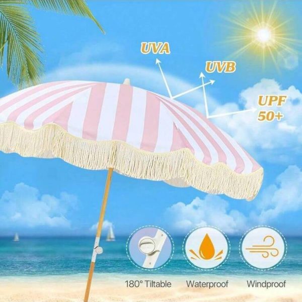 Bohemian Beach Umbrella (7) 6.5ft Bohemian Beach Umbrella with Tassel Outdoor Patio Umbrella 50 UV Protection Large Pool Umbrella with Tilt Function Patio Table Umbrella 1.26 Inch Wooden Pole Portable Market Umbrella