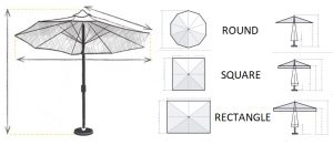 Comparison chart of commercial parasol types with size recommendations