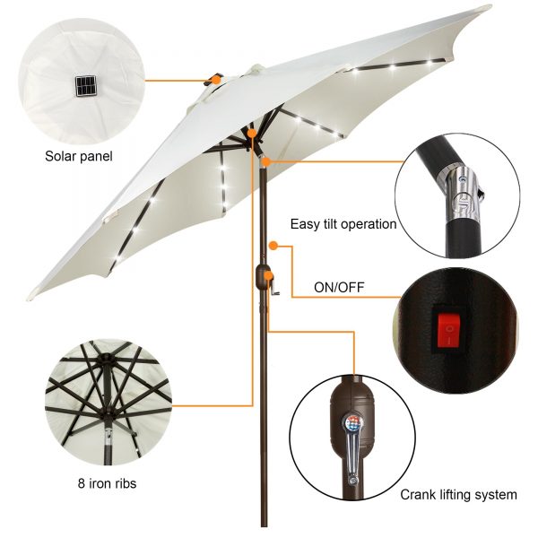 9ft Solar Umbrella 32 LED Lighted Patio Umbrella Table Market Umbrella with Tilt and Crank Outdoor Umbrella for Garden, Deck, Backyard, Pool and Beach