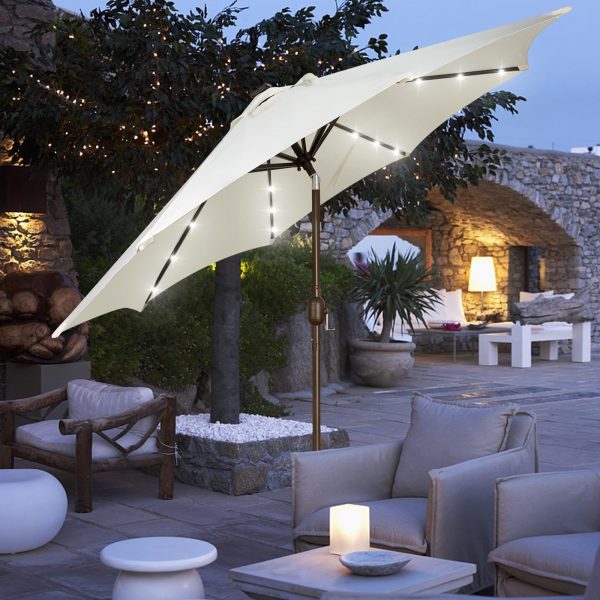 9ft Solar Umbrella 32 LED Lighted Patio Umbrella Table Market Umbrella with Tilt and Crank Outdoor Umbrella for Garden, Deck, Backyard, Pool and Beach