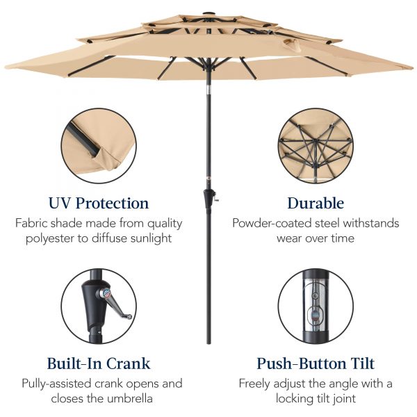 Wholesale 10ft 3-Tier Market Patio Umbrella, Outdoor Sun Shade with Tilt, Crank Lift, 8 Ribs for Backyard, Deck, Poolside
