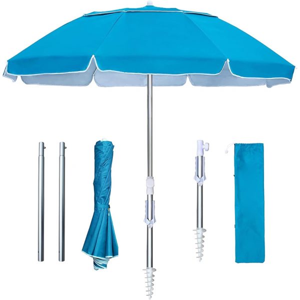 Wholesale Foldable Beach Umbrella Customizable Sun Shade Umbrellas 6FT Foldable Travel Beach Umbrella with Sand Anchor