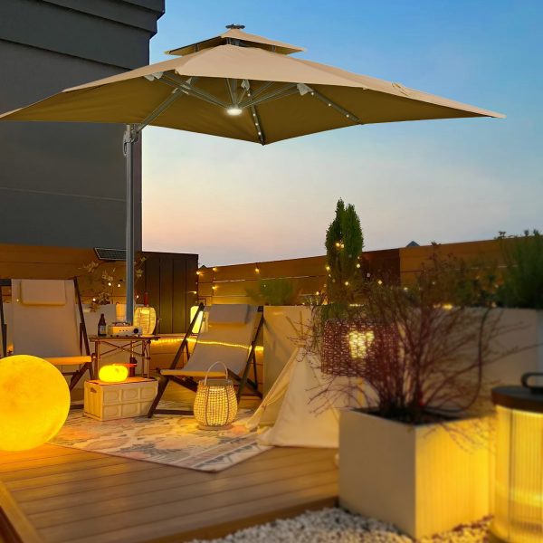 13'x13' Large Square Solar Parasol | 32 Lights | Cantilever