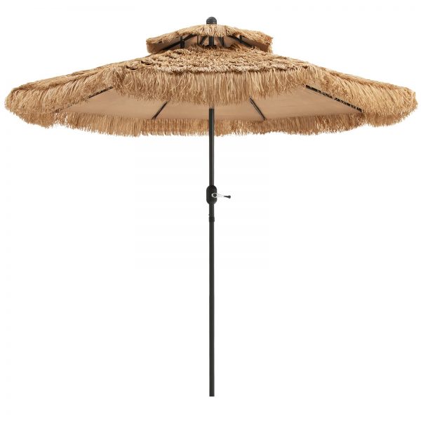 Wholesale 9 ft Thatched Patio Umbrella, 2 Tier Hawaiian Style PE Grass Beach Umbrella with 8 Ribs, Tilt Adjustment, Manual Crank, Tiki Umbrella for Backyard, Poolside, Deck