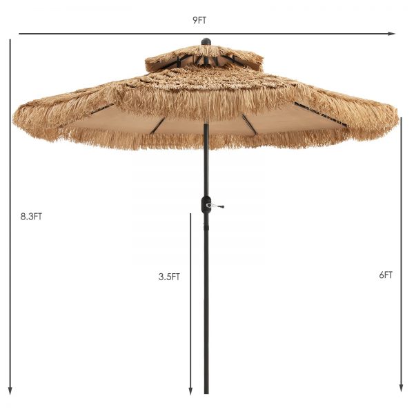 Wholesale 9 ft Thatched Patio Umbrella, 2 Tier Hawaiian Style PE Grass Beach Umbrella with 8 Ribs, Tilt Adjustment, Manual Crank, Tiki Umbrella for Backyard, Poolside, Deck