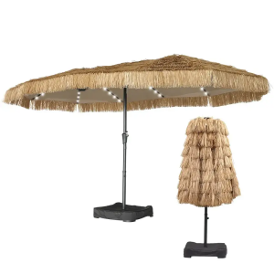 Custom Made 15ft Solar LED Lights Thatched Hawaii Tiki Umbrella Suitable for Villas, Courtyards, Cafes, Gardens