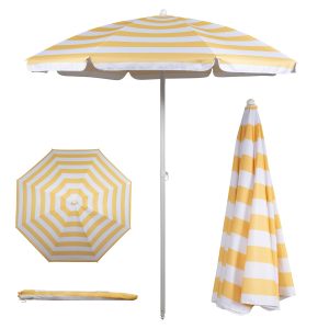 Custom-made 5.5 Ft Portable Beach Umbrella, Lightweight UV Protection Sunshade with Tilt Pole, Outdoor Canopy Umbrella for Beach, Sand, Pool, Patio, Camping, Travel, or Backyard Shade, (Yellow Cabana Stripe)